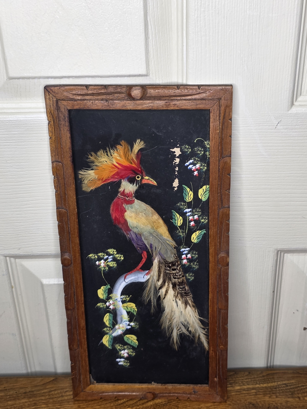 Vintage Mexican Feather Art Bird Carved Wood Frame Mid Century Folk Art 15.5x7.5